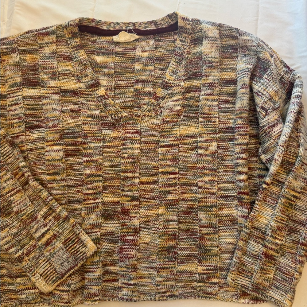 Love Riche Multicolored V-Neck Knit Sweater — Mustard, Olive, Rust, Cream